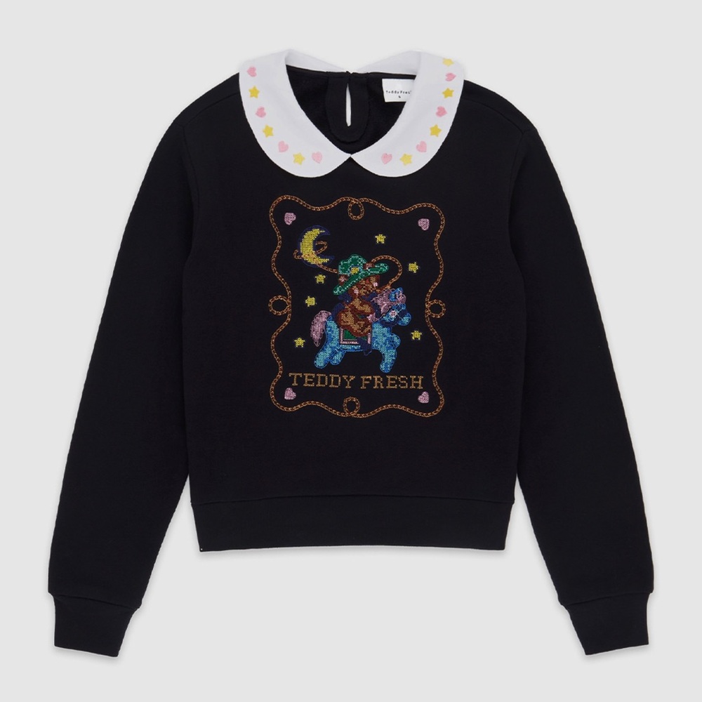 Teddy Fresh cross-stitch, collared sweatshirt.